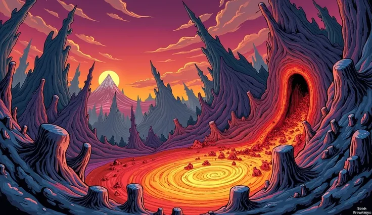 A full colour drawing of a ren & stimpy background of the hell by john kricfaluci