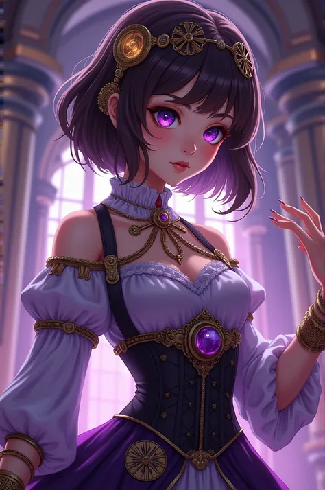 A witch called Kokina who likes wearing purple and gold accessories, short brown hair, bob haircut, Victorian clothes, steampunk style, anime style, purple eyes, light tan skin