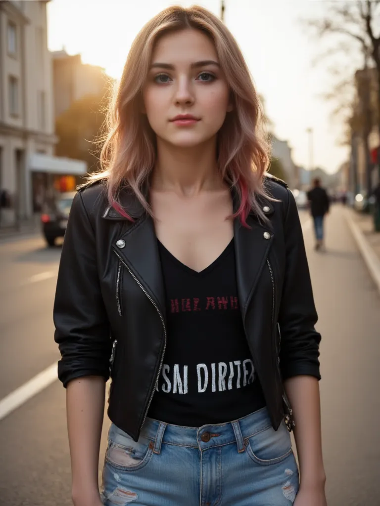 feminine punk girl with blond hair combed to the right and dyed red hair ends, in a leather biker jacket, torn jeans with patche...