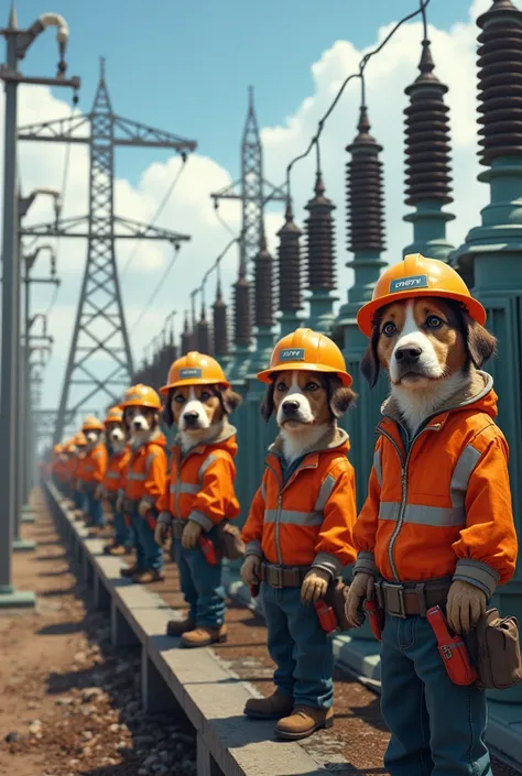  Eight dogs dressed as transmission line electricians, working on the porches of a substation  