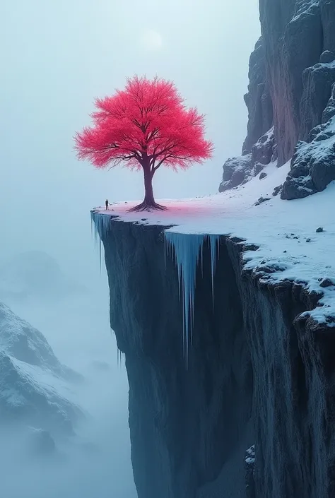 A lone fluorescent red tree stands on the edge of a cliff at night, a monolithic rocky cliff covered with thick layers of snow. A cliff adorned with glittering hanging icicles and a snowy surface, surrounded by a misty, icy landscape. The background featur...