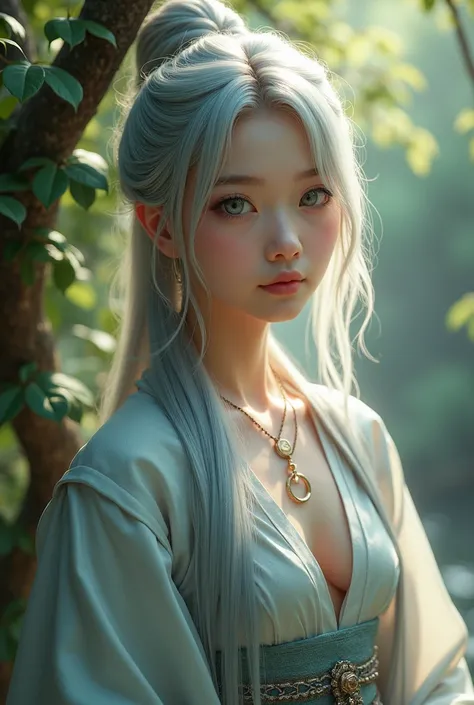  create an image of an 18-year-old girl,  silver hair ,  greyish blue eyes , Taoist clothing , real human image ,  Big breasts, HD, 4K