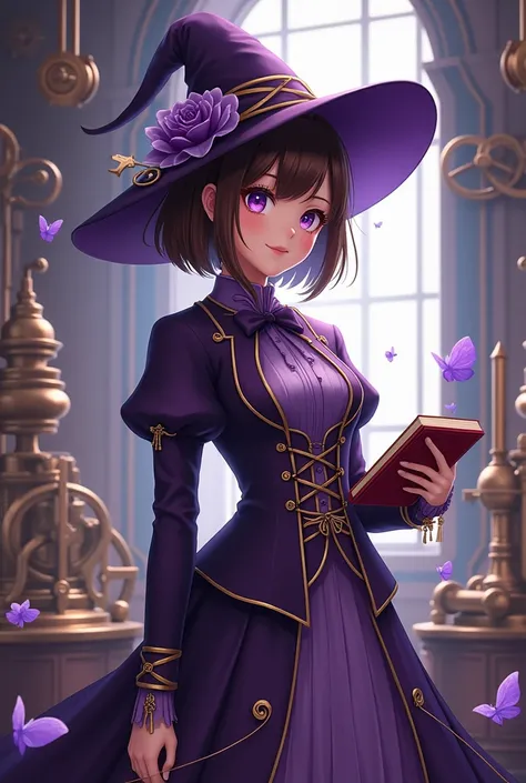 A witch called Kokina who likes wearing purple and gold accessories, short brown hair, bob haircut, Victorian clothes, steampunk style, anime style, purple eyes, light tan skin with a book