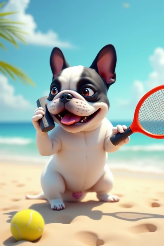 Image of a white female French bulldog with black markings calling her cell phone and playing beach tennis 