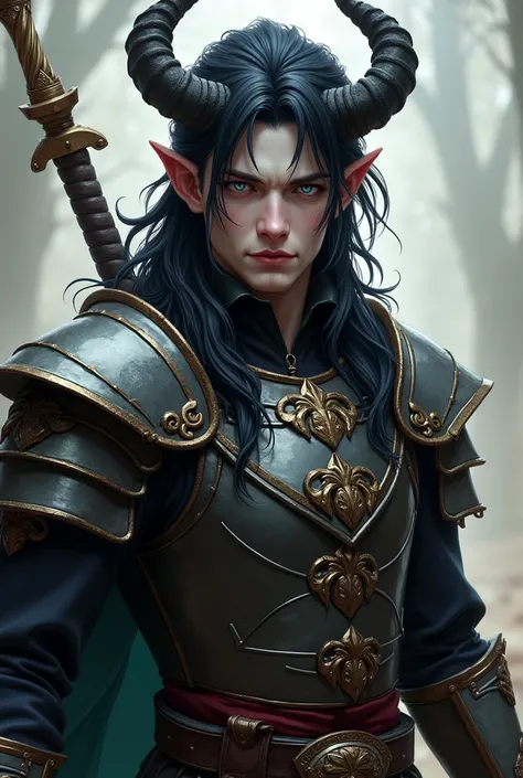  Design a character , male,  of the Tiefling race , fighter class , young,  of noble origin ,  slightly demonic white skin, short horns, long hair.