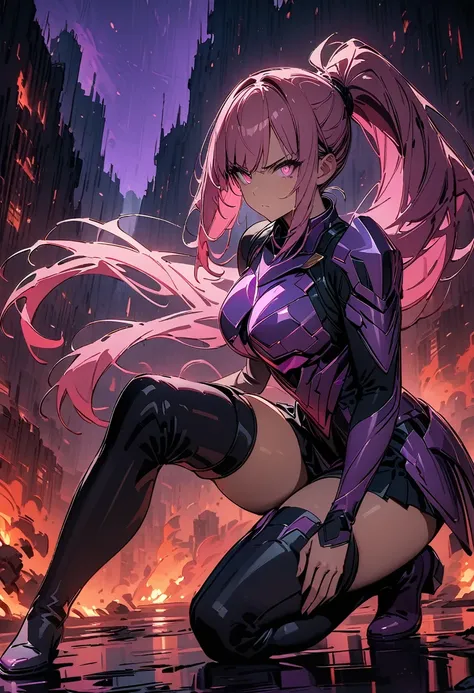 Masterpiece, beautiful art, 8k, detailed clothes, detailed fabric, 1girl, beautiful face, asymmetrical long hair, pink hair, ponytail, purple space armor , thigh boots , glowing pink eyes, hero stance , serious expression, burning city, full body view,