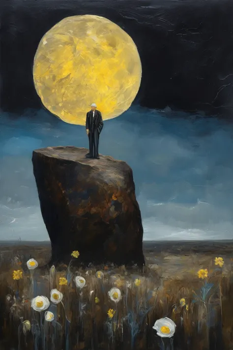 Sidney Nolan Style - A surrealism abstract oil painting capturing a giant brown rock, a  weak old man standing and a withered white flower in the foreground, contrasting against a dark, deep night sky with a blue moon. Oil painting inspired by the works of...