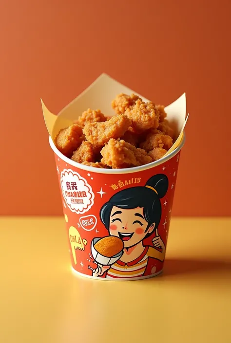 Make me a dining packaging design for omami fried chicken with animated details of a woman biting a chicken.  Packaging details top :  25cm x 16cm
bottom : 23cm x 14cm
height : 5,5cm