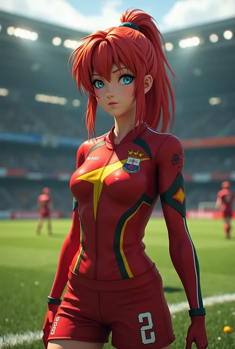 Asuka from Evangelion wearing the jersey of Santiago Wanderers from Chile