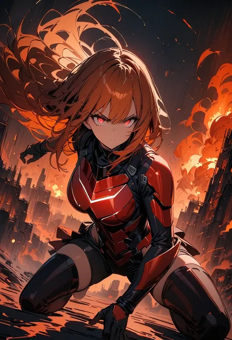 Masterpiece, beautiful art, 8k, detailed clothes, detailed fabric, 1girl, beautiful face, asymmetrical long hair,orange hair, red and black space armor , thigh boots , glowing red eyes, hero stance , serious expression, burning city, full body view,