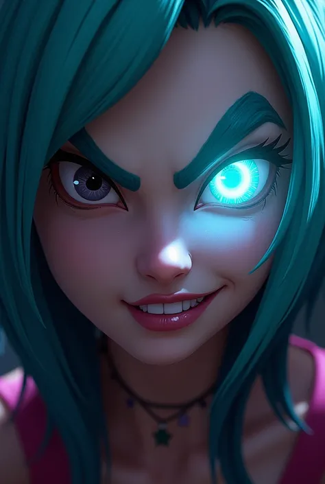 Jinx de Arcanes face in the foreground focusing on his arcane style eye