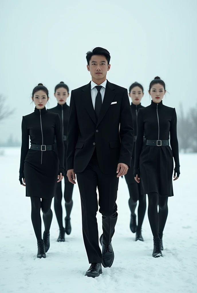 Snow. 1 asian man with 4 women. All in black like the "Men in Black movie"