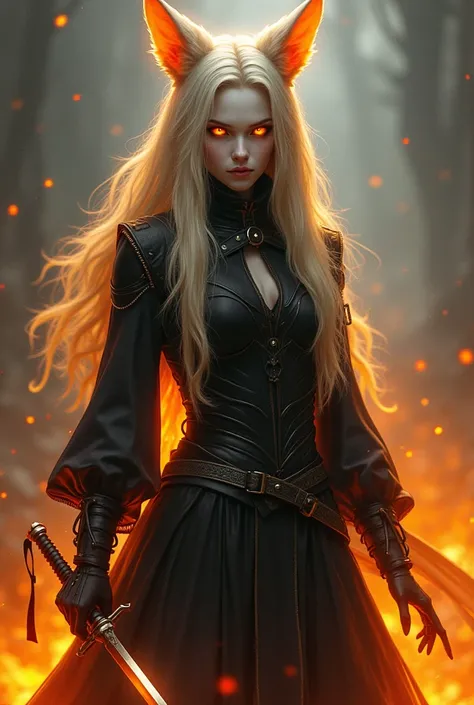  The tall white-skinned woman with shimmering orange eyes .  She has an orange aura around her and fox ears the fox ears are accompanied by the orange aura surrounding her body.  She is dressed in black clothes , looking cold ,  and carries a sword with he...