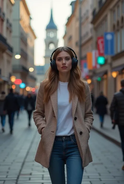 woman walking down a street with headphones on,  Trends on Pexels, Graffiti, Street photography style , girl wears headphones ,  standing on a city street , Street Fashion, with headphones, walking on the streets,  High-quality photography street , Is ther...