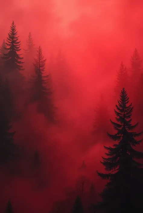 Red mist, scarlet fog, red smoke, pine forest in the background, no person