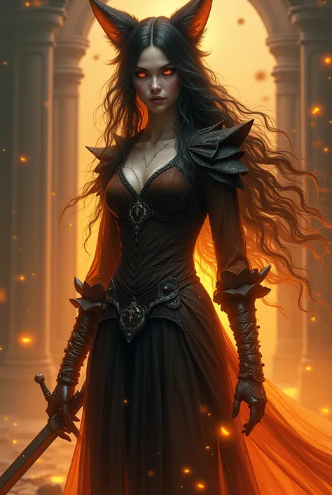  The tall white-skinned woman with shimmering orange eyes .  She has an orange aura around her and fox ears the fox ears are accompanied by the orange aura surrounding her body.  She is dressed in black clothes , looking cold , and carries a sword with her...