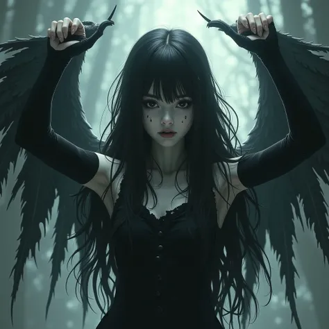 Image of a girl,  completely black eyes ,  pale skin,  black long hair,  black torn wings ,  arms up to the elbow are black,  long sharp claws , skin growths ,  mystical light 