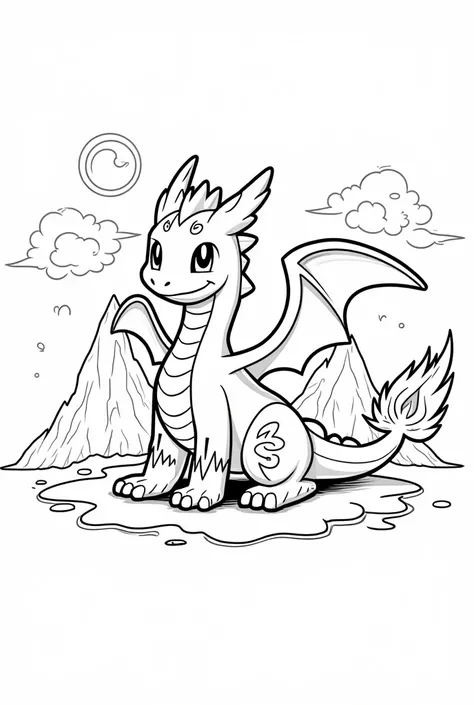 A Pokémon-style dragon with a majestic yet approachable design, ideal for a coloring book. The dragon has sleek, smooth scales with bold, symmetrical patterns along its body, such as lightning bolts, flames, or swirling clouds. Its wings are large and bat-...