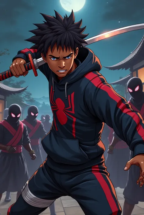 naruto but he is brown skin : curly hair with black headband : he is wearing custom spiderman miles hoodie and right hand holding katana : mad face , background : japanese night :group of ninja with katana help him to fight : (naruto :anime manga)