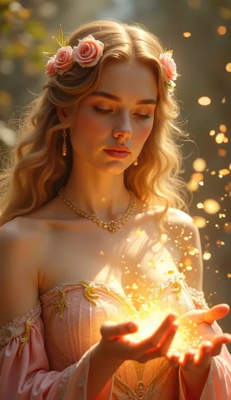 A close-up of Aphrodite, the goddess of love and beauty, showering blessings during a divine wedding ceremony. She is depicted as radiant, with flawless golden skin and soft, flowing hair adorned with roses and pearls. Her hands are outstretched, releasing...