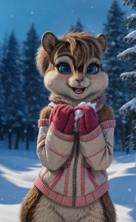 Brittany _Miller, One,chipmunk ,  happy mystery girl  , winter, playing snowballs, throws a snowball at the viewer ,  high detail ,   anatomically accurate  ,  super detail, 8 k,   better quality ,   should be visible all over the body  (a little plump:0.3...