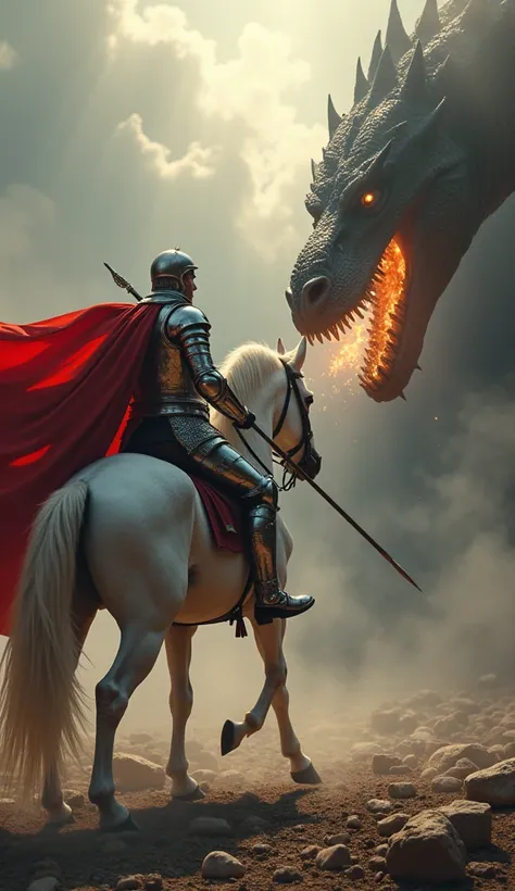 " The heroic figure of Saint George ,  an imposing rider riding a majestic white horse ,  using metallic armor gleaming filled with intricate details ,  with a red cape flowing in the wind .  He holds a powerful spear as he confronts a ferocious dragon ,  ...