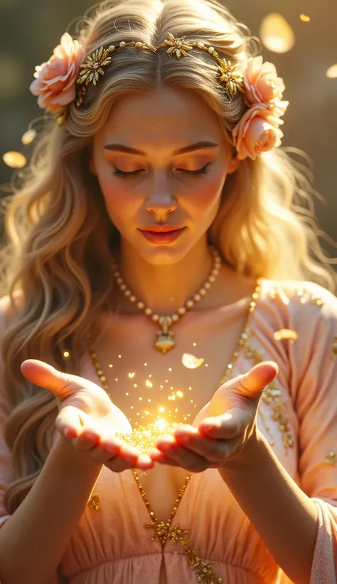 A close-up of Aphrodite, the goddess of love and beauty, showering blessings during a divine wedding ceremony. She is depicted as radiant, with flawless golden skin and soft, flowing hair adorned with roses and pearls. Her hands are outstretched, releasing...