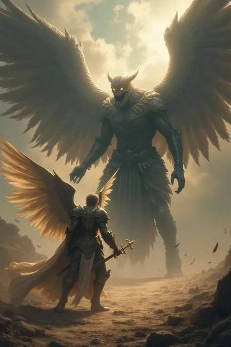 Great warrior with shining wings fighting to save a  from the clutches of a monster