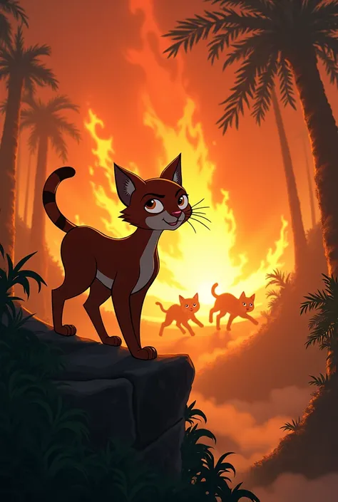 1. The Fire Breaks Out in the Jungle
"Show a dense jungle with tall trees, underbrush, and a large fire breaking out. The scene should be filled with smoke, and animals running in all directions in panic, while the flames rage high in the background."its w...