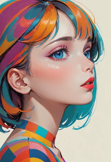 a colorful girl, 1girl, from side, portrait, looking away, graphic design, illustration, mixed media, pop art, Paul Catherall , Keith Negley, (best quality,4k,8k,highres,masterpiece:1.2),ultra-detailed, ,beautiful detailed eyes,beautiful detailed lips,extr...