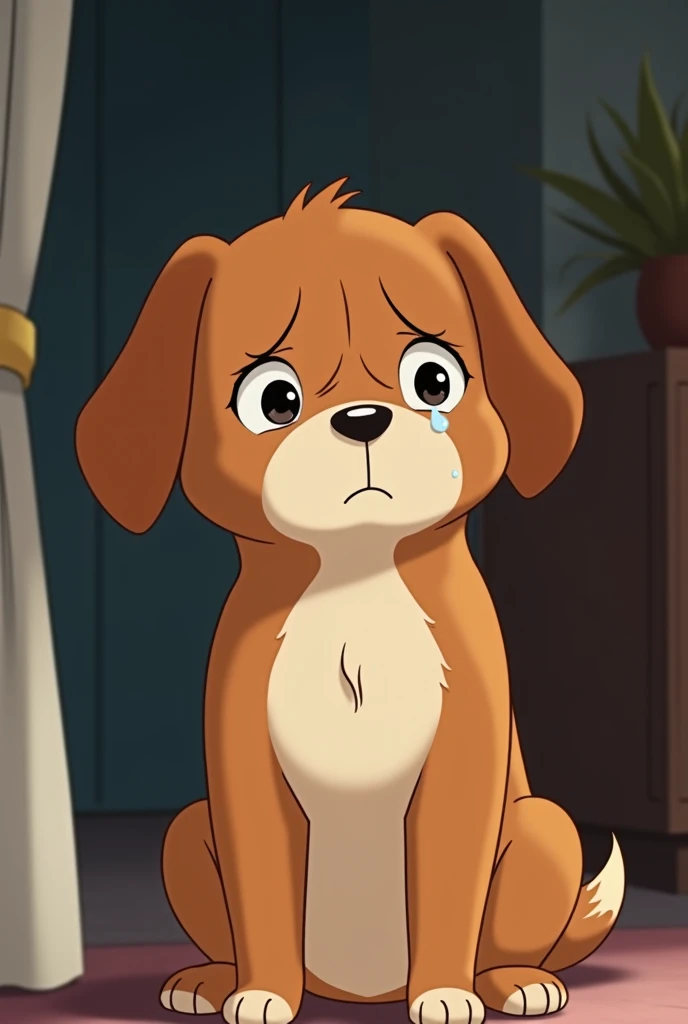  animated dog like a brown story ,  with white in his belly and half of his face white,  around his eyes is a white ,  that is at home crying drawing tears from his eyes , This one with a sad face 