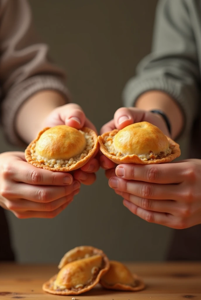 two hands, each one with an empanada toasting with the empanada ,  type of realistic image that are human hands not animated