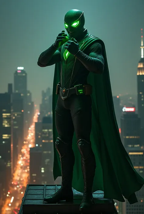  The night is dark and ominous ,  the city lights twinkle in the distance . on top of a skyscraper,  an imposing figure stands out against the night sky. Robert Lewandowski, dressed as the Green Goblin ,  displays a confident and determined smile ,  ready ...