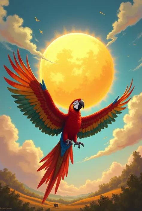 Colourful macaw , Open wings large yellow cashew in place of the sun