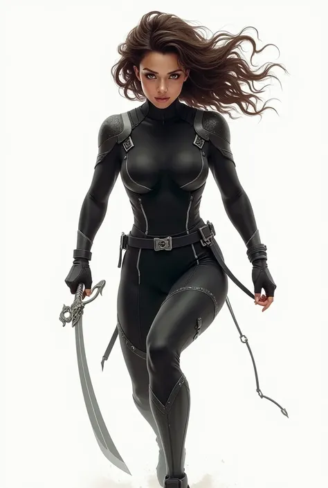 Create an image of a white female superhero with very curly and medium dark brown hair, with slanted eyes, and she has a uniform in black and gray , With the sword weapon and with the super speed power 