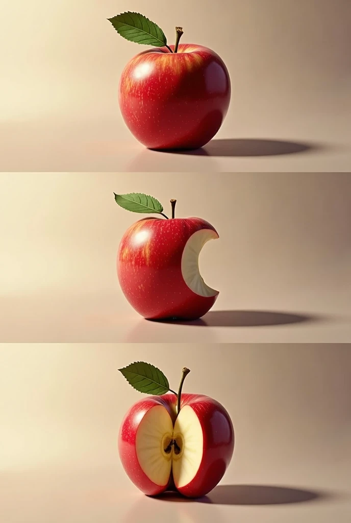 create three images, the first an apple , The second a bitten apple and the third the finished apple in the last image that the apple has only the trunk and the rest have already been eaten