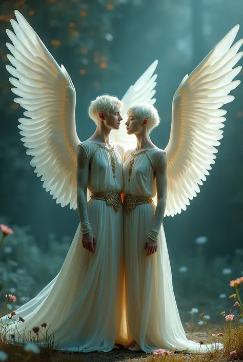 Two tall white-skinned men, colorful clothes, short hair, they have wings like those of fairies, the color of the hair you can choose the color of the eyes you can choose.