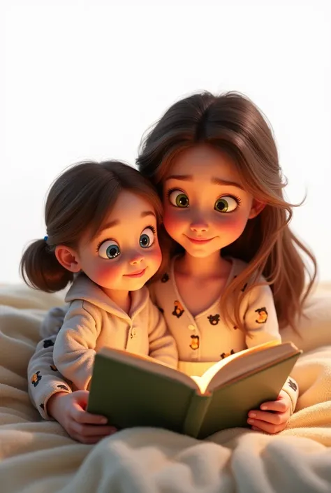 Pixar style image on a white background 
Two-year-old girl with blue eyes and light brown hair wearing popcorn pajamas lying in bed with her mother with green eyes and brown hair looking at an animal book