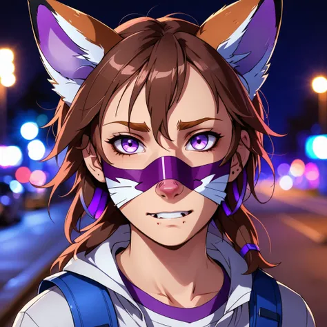 score_9, score_8_up, score_7_up,Blad3Runner, Night, dark, purple lighting, closed mouth, portrait, bandaid on nose, bandaid on face,blurry background, blood on face, , Millyfox, fox ears, animal ears, blue eyes, brown hair, messy hair, tail, collar,