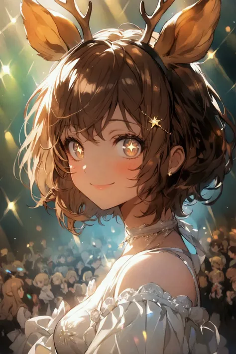  short hair,  big breasts,  a girl, Alone, smile,  brown hair, eyes closed ,  Deer ears , light brown eyes with star pupils in the eyes,limelight,  lyrics,dress clothing  