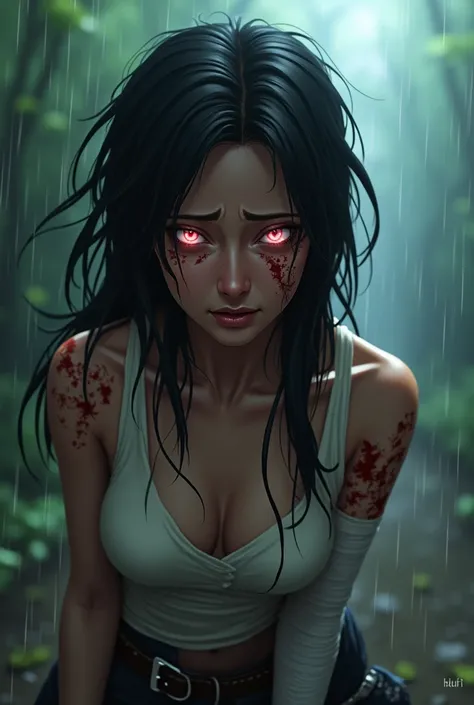 (((RashmikaMandannaFlux))), wears a shabby white vest, Tomb Raider 9 costume(cosplay) realistic, Long messy black hair, ((super dark skin)), The arm is wrapped in a bandage, (Realistic details), It was raining heavily, Thermal vaporization、Rich particle ef...