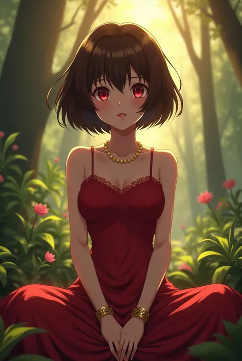 ((1 , Alone ,Alone, Megumin,  short hair,  red eyes ,  Brown Hair , ((short woman,  small breasts, Small bust )),  painted nails, gold bracelets, ruby jumps)), ((Alone, [1mulher, PINK LIPSTICK,  extremely detailed ,  soft ambient lighting, 4K,  perfect eye...