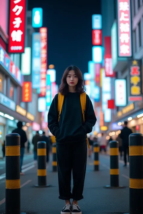 "A young Asian woman on the streets of a Japanese city at night. She is dressed casually with a black sweatshirt, black pants, and a yellow backpack. Whats interesting. The background features a typical Japanese entertainment district scene with lots of ne...