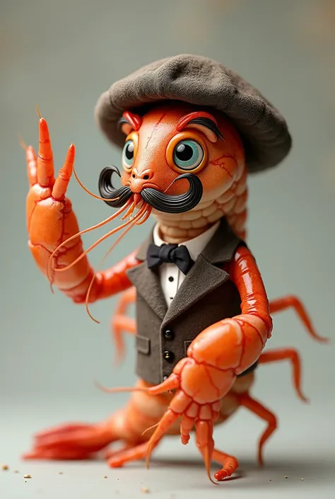 a shrimp with a French mustache and a beret with his hand making the French gesture