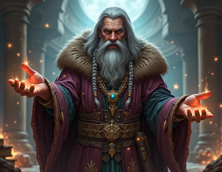 Dwarf sorcerer with greying hair and braided beard with jewelry wearing robes with a full cloak, rings on fingers