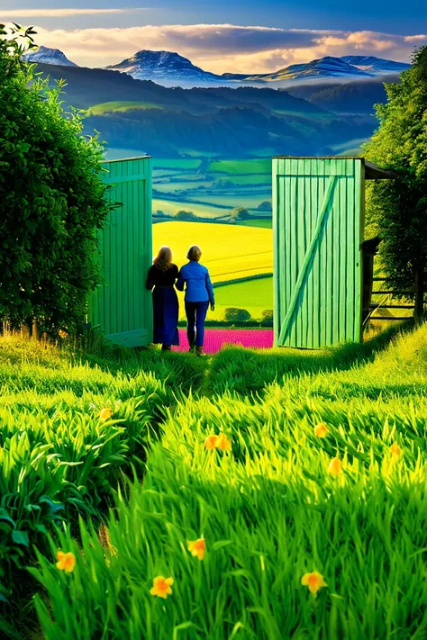 AN OPEN FARM DOOR ,  TWO WOMEN ENTERING AND A BEAUTIFUL LANDSCAPE 