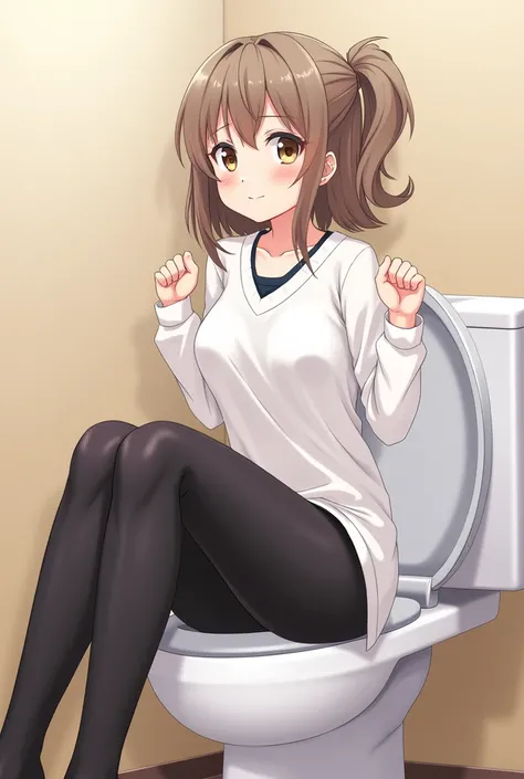 anime, young girls, black leggings, sit toilet, happy, fresh, 