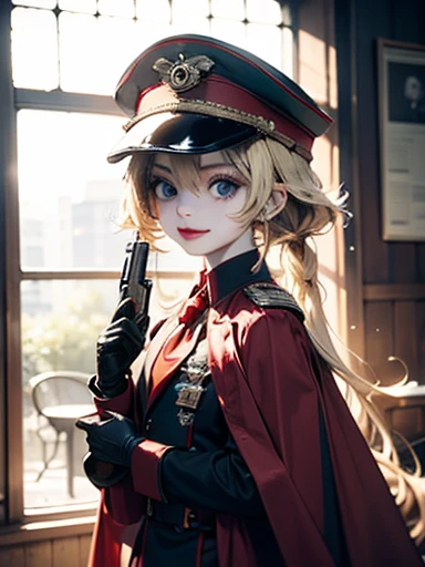 an anime character is wearing a uniform with a hat and cape and is holding a gun in her hand, 1girl, virtual youtuber, solo, hat, blonde hair, pantyhose, heterochromia, gloves, red eyes, long hair, hoshikawa sara, twintails, smile, black gloves, yellow eye...