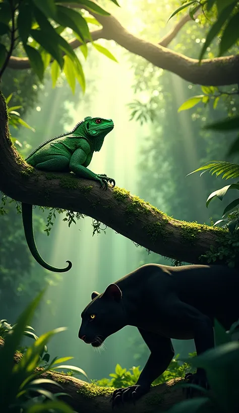 "In the depths of a dense rainforest, a bright green iguana basks on a sunlit branch while a black jaguar prowls silently below. The scattered light filtering through the thick canopy highlights the rich textures of the forest."