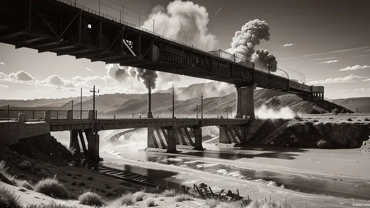 
A dramatic scene from 1895, showcasing a railroad bridge stretching across rugged terrain towards the West. The bridge, made of steel and wood, stands tall over a wide river, with the train tracks leading off into the vast, open landscape. The surrounding...